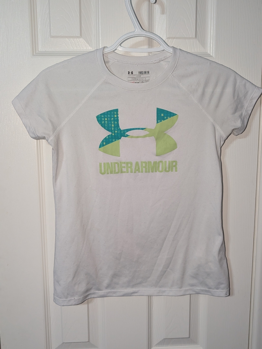 Under Armour White Short Sleeve Tee with Green & Teal Logo